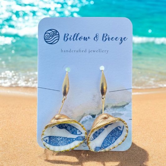 Shell Earrings -  Blue Aztec Fish Design