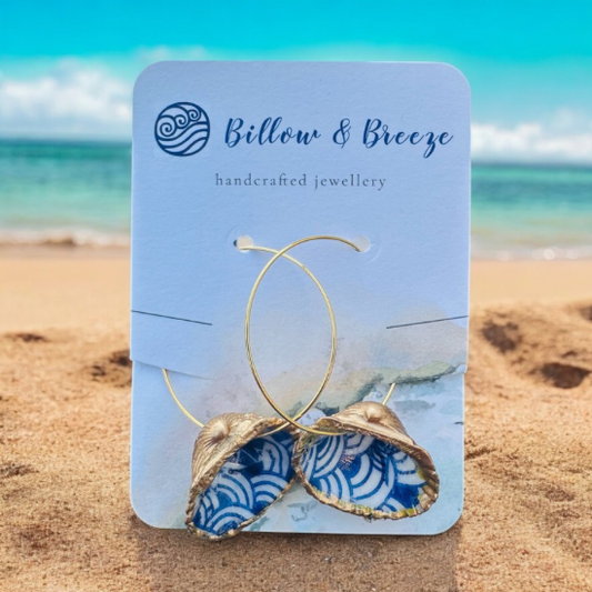 Shell Earrings -  Blue & White Abstract Design