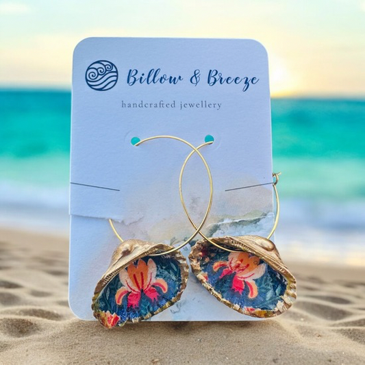 Shell Earrings -  Blue & Coral Floral Design