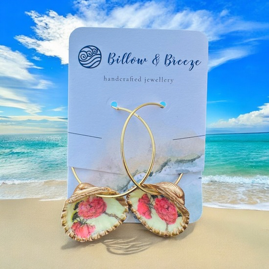 Shell Earrings -  Pink & Green Floral Design