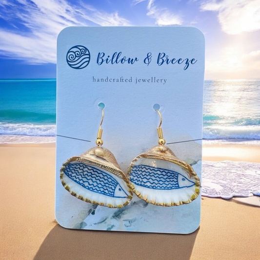 Shell Earrings -  Blue Aztec Fish Design