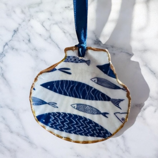 Solway Scallop Shell Hanging Pendant - Aztec Style Swimming Fish Design