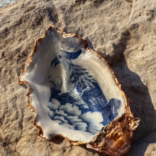 Loch Ryan Oyster Shell Trinket Dish - Exotic Blue Bird Design with Gold Leaf