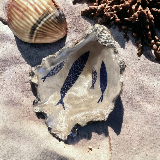 Loch Ryan Oyster Shell Trinket Dish - Blue Fish with Silver Leaf Design