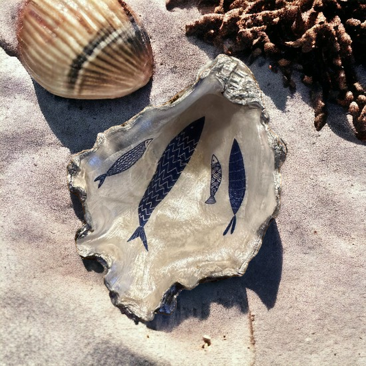 Loch Ryan Oyster Shell Trinket Dish - Blue Fish with Silver Leaf Design