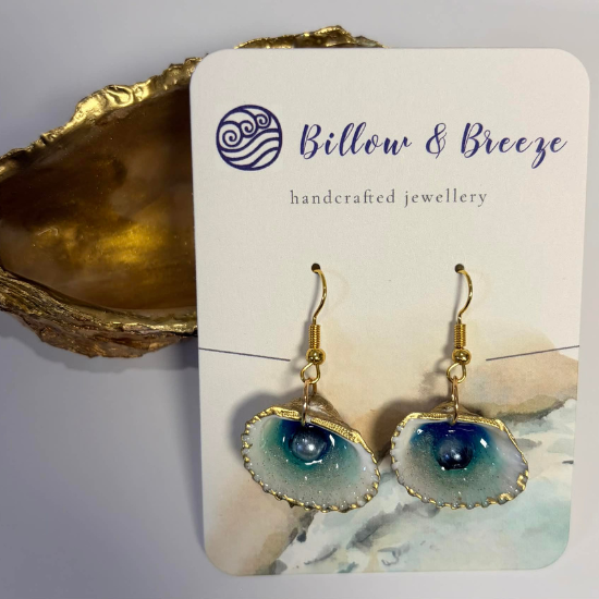 Pearl in a Shell Earrings - Teal Blue Tones