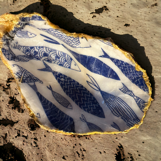Loch Ryan Oyster Shell Trinket Dish - Blue Fish with Gold Leaf Design