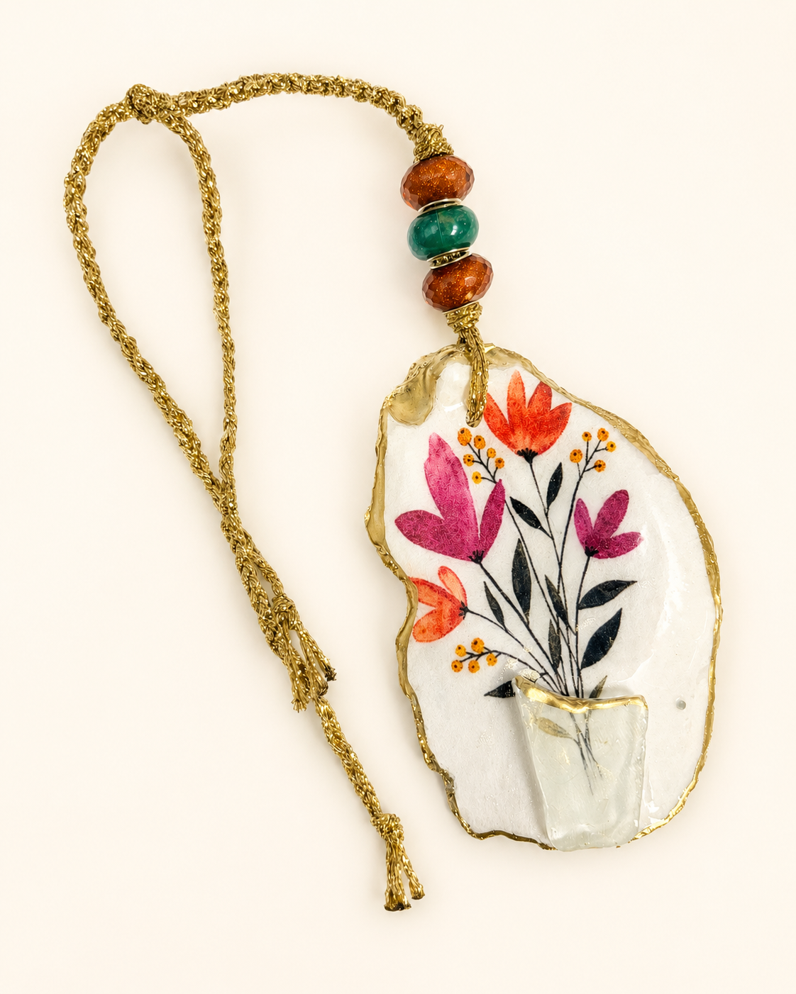 Oyster Shell Hanging Charm - Flowers in a Sea Glass Vase