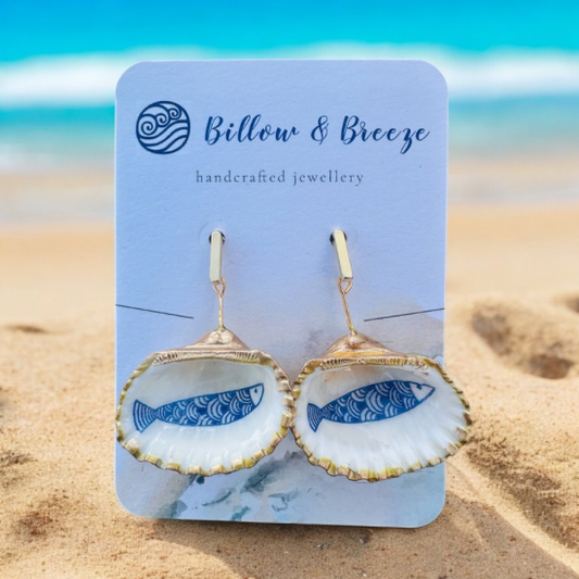 Shell Earrings -  Blue Aztec Fish Design