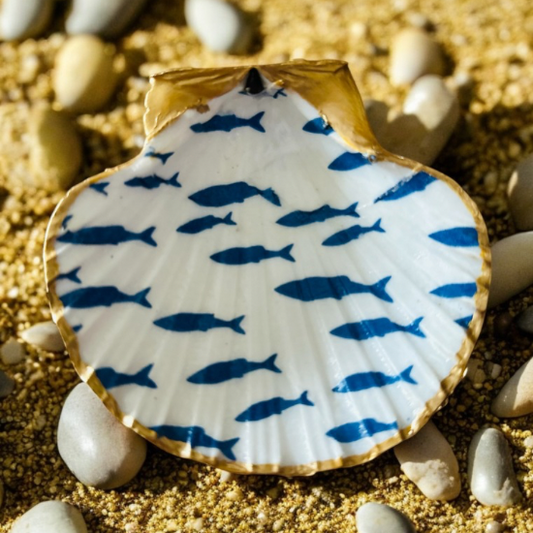 Solway Scallop Shell Trinket Dish - Delicate Blue Fish Design with Gold Leaf