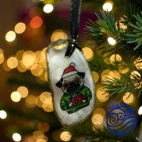 Christmas Oyster Shell Hanging Charm - Christmas Sweater Pug