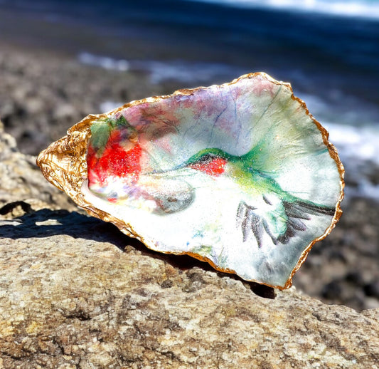 Loch Ryan Oyster Shell Trinket Dish - Hummingbird Design with Gold Leaf