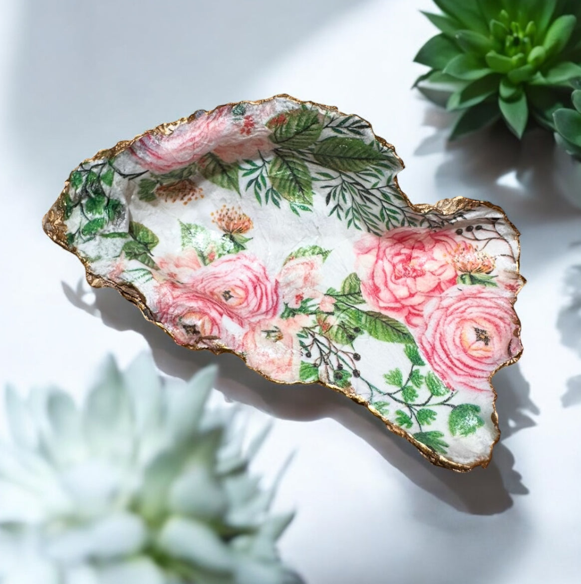 Loch Ryan Oyster Shell Trinket Dish - Pink and Green Floral with Gold Leaf Detailing