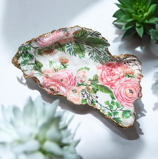 Loch Ryan Oyster Shell Trinket Dish - Pink and Green Floral with Gold Leaf Detailing