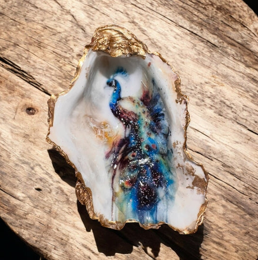 Loch Ryan Oyster Shell Trinket Dish - Peacock Design with Gold Leaf