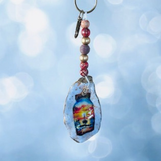 Oyster Shell Key/Bag Charm - Sunset Boat in a Bottle