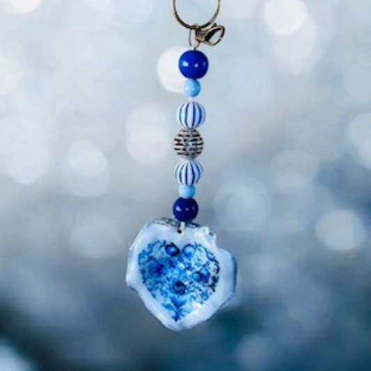 Oyster Shell Key/Bag Charm - Blue Floral Heart