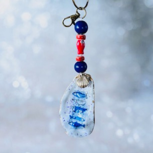 Oyster Shell Key/Bag Charm - Blue & White Fishies