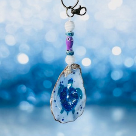 Oyster Shell Key/Bag Charm - Blue & Aqua Turtle