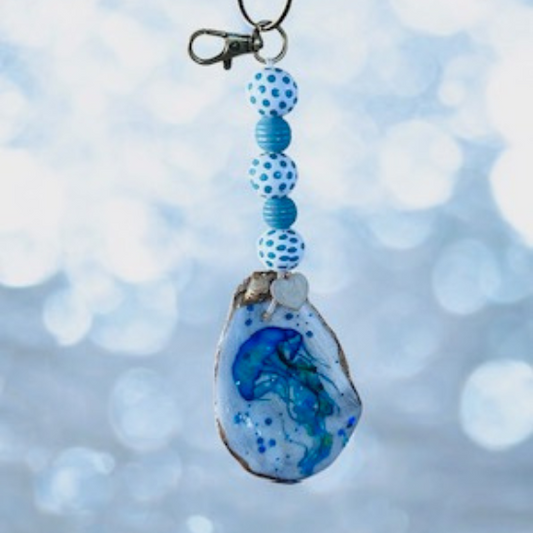 Oyster Shell Key/Bag Charm - Blue Jellyfish