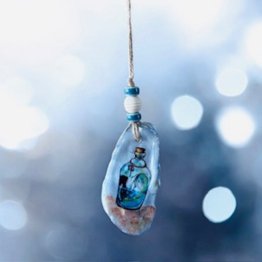 Oyster Shell Hanging Charm - Mermaid in a Bottle