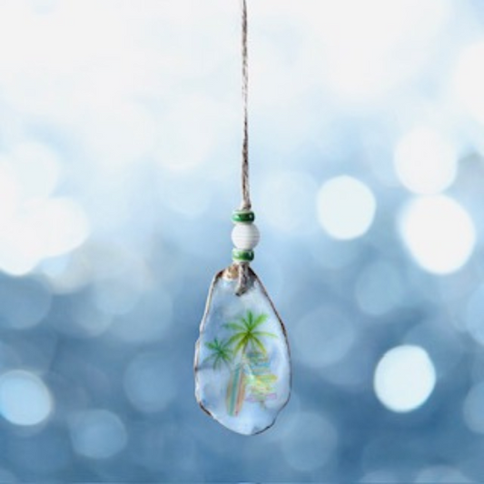 Oyster Shell Hanging Charm - Green Palm Trees