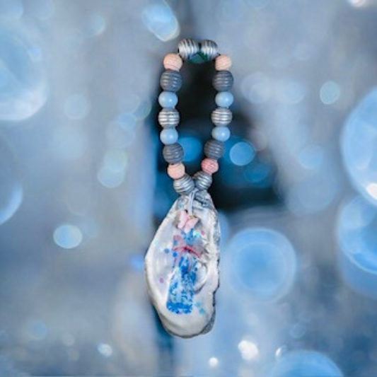 Oyster Shell Bottle Charm - Blue Champagne Bottle with Pink Bow