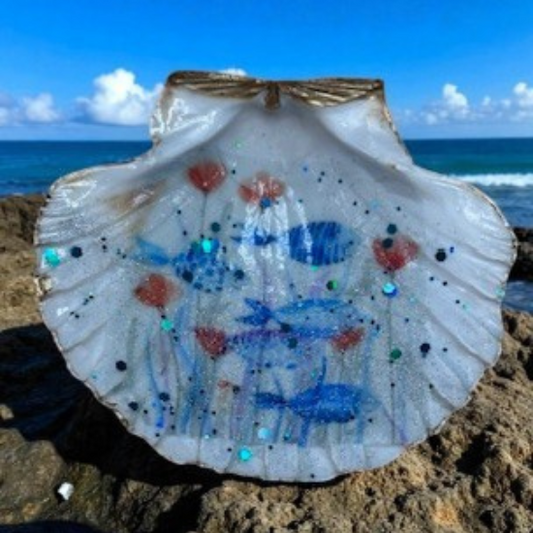 Solway Scallop Shell Trinket Dish - Swimming Fish through Flowers