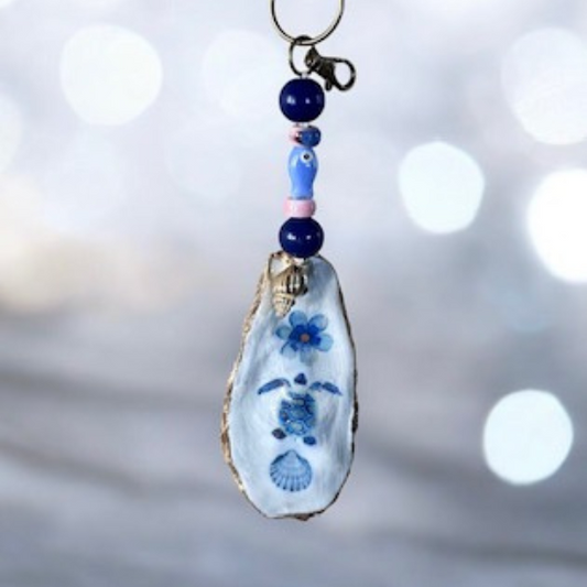 Oyster Shell Key/Bag Charm - Blue Turtle, Flower and Shell