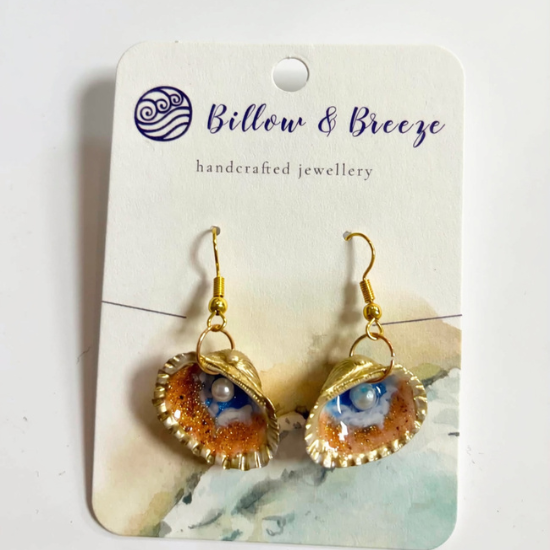 Beach Scene with Pearl (1) - Cockle Shell Earrings