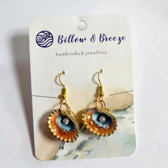 Beach Scene with Pearl (3) - Cockle Shell Earrings