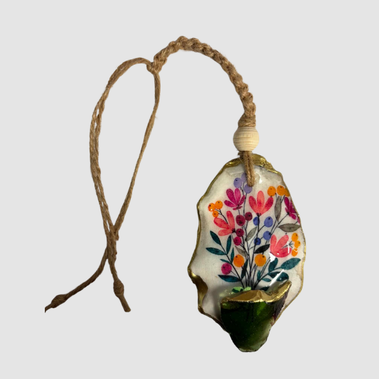 Oyster Shell Hanging Charm - Flowers in a Sea Glass Vase