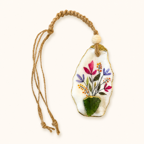 Oyster Shell Hanging Charm - Flowers in a Sea Glass Vase