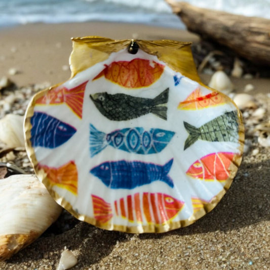 Solway Scallop Shell Trinket Dish - Multicoloured Swimming Fish Design