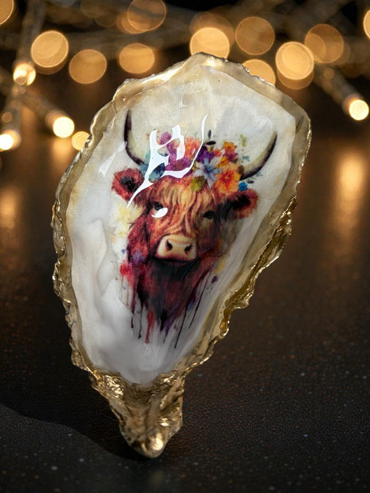 Loch Ryan Oyster Shell Trinket Dish -  Floral Highland Cow Design