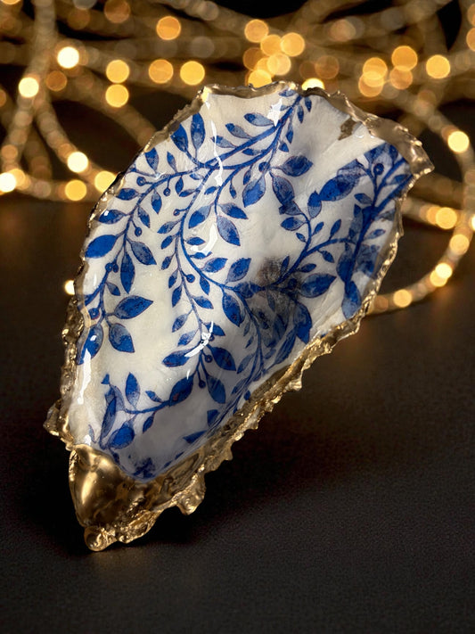 Loch Ryan Oyster Shell Trinket Dish - Blue Leaf Design
