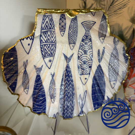 Solway Coast Scallop Shell Trinket Dish - Aztec Blue FIsh