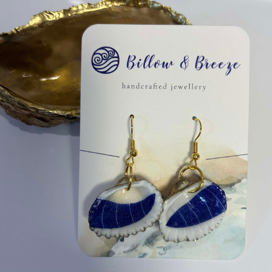 Shell Earrings -  Blue Aztec Fish Design