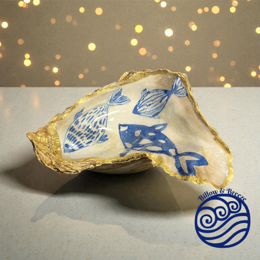 Loch Ryan Oyster Shell Trinket Dish - Blue Patterned Swimming Fish