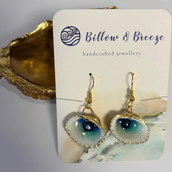Pearl in a Shell Earrings - Teal Blue Tones