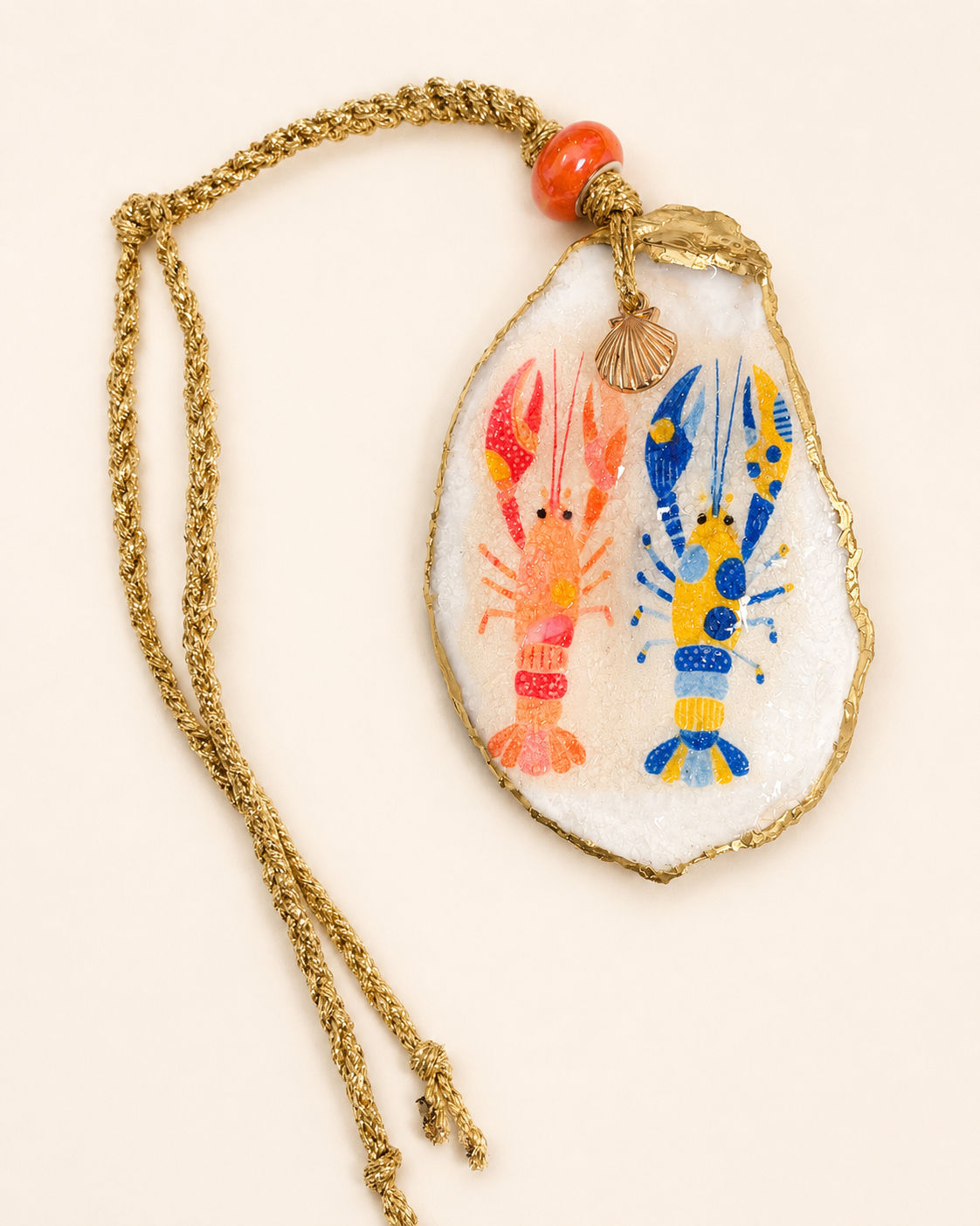 Oyster Shell Hanging Charm - Pink & Blue Lobsters