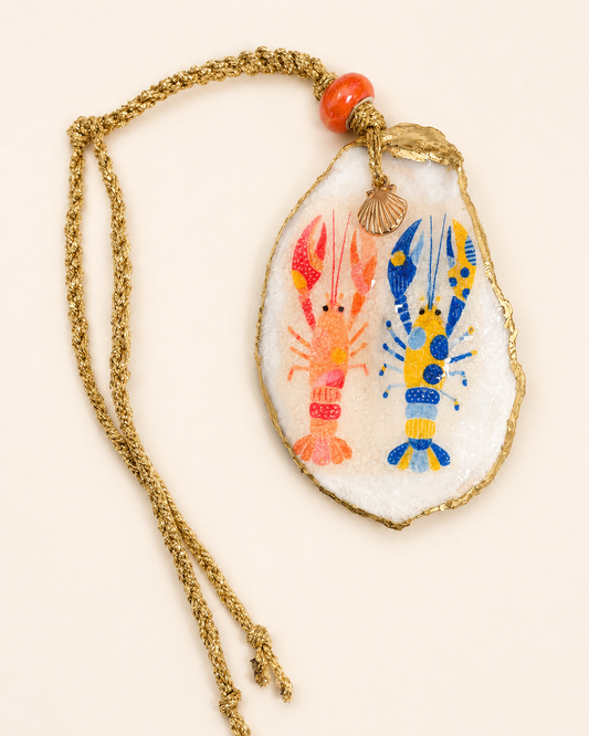 Oyster Shell Hanging Charm - Pink & Blue Lobsters