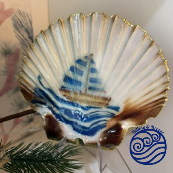 Solway Coast Scallop Shell Trinket Dish - Boat on the Waves Design