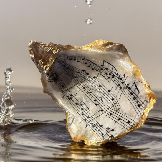 Loch Ryan Oyster Shell Trinket Dish - Black & White Sheet Music Design with Gold Leaf