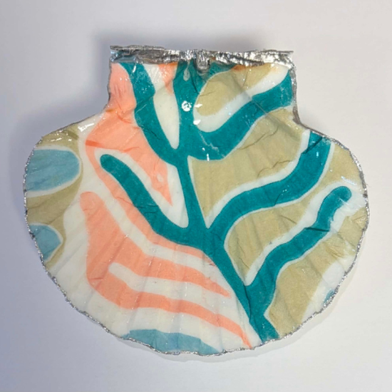 Decorated Scallop Shell Trinket Dish / Soap Dish - Abstract Coral & Teal Design