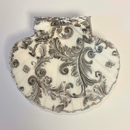 Decorated Scallop Shell Trinket Dish / Soap Dish - Black Scroll Design