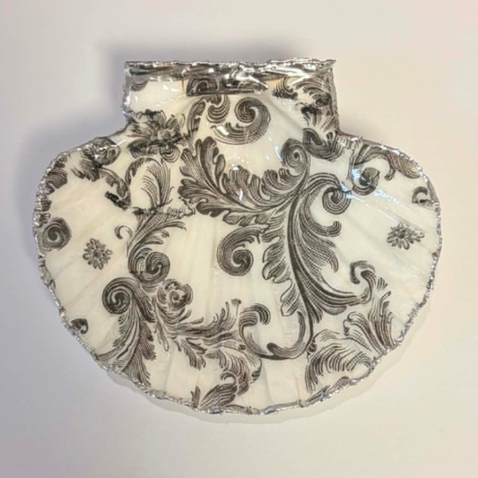 Decorated Scallop Shell Trinket Dish / Soap Dish - Black Scroll Design