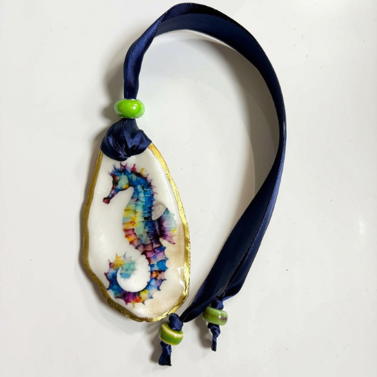 Rainbow Seahorse – Hanging Oyster Shell Charm