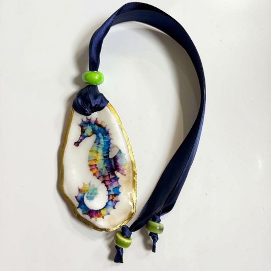 Rainbow Seahorse – Hanging Oyster Shell Charm