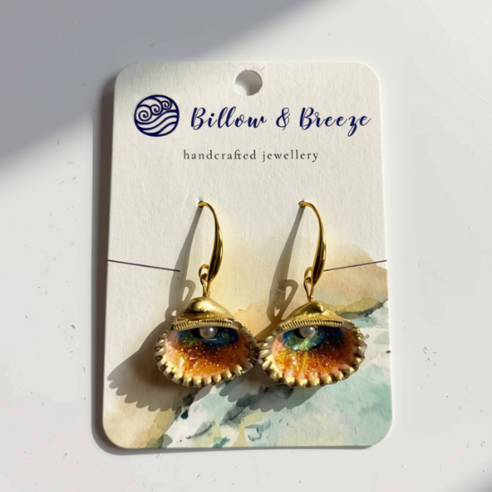 Beach Scene with Pearl (2) - Cockle Shell Earrings